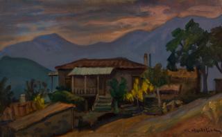 Goura Farmhouse in Dull Weather, Sunset — Oil painting, Canvas, 38.00×61.00cm — Theodoros Markellos